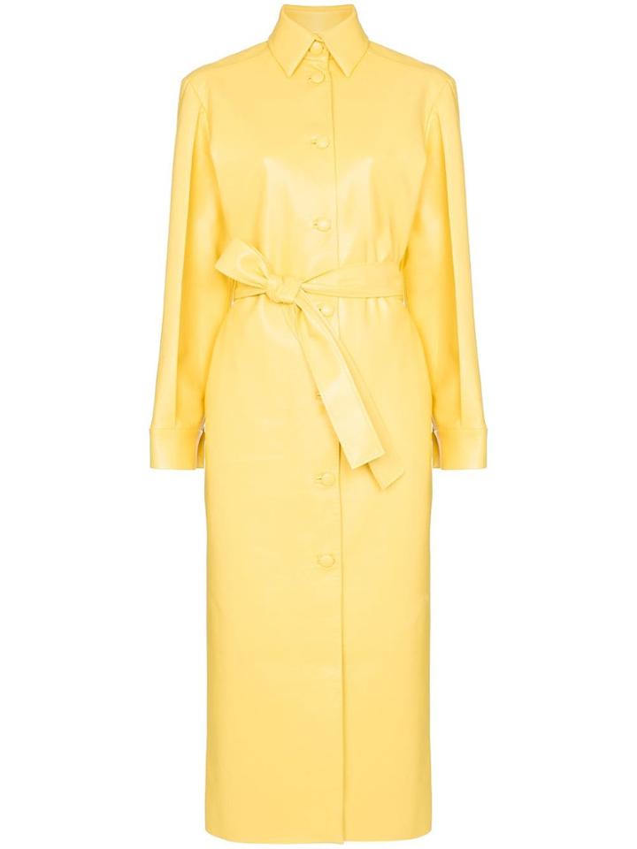 Matériel Belted Faux Leather Trench Coat - Yellow