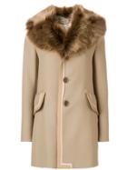 Marc Jacobs Single Breasted Leather Trim Coat With Fur Collar - Nude &