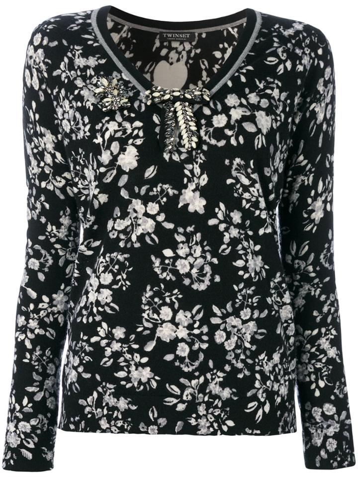 Twin-set Floral V-neck Sweater - Black