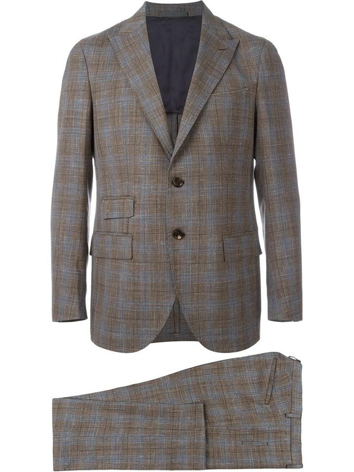 Eleventy Checked Suit, Men's, Size: 52, Brown, Silk/linen/flax/wool