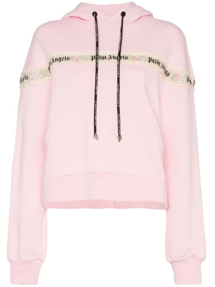 Palm Angels Logo Floral Trimmed Cotton Hoodie - Pink