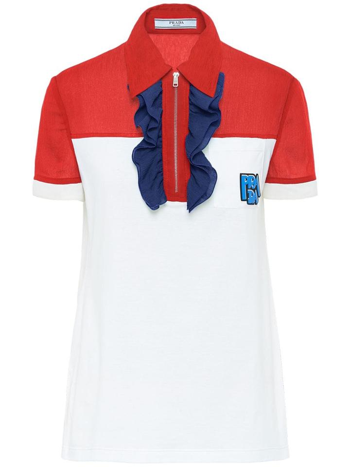 Prada Ruffle Zipper Polo Shirt - White