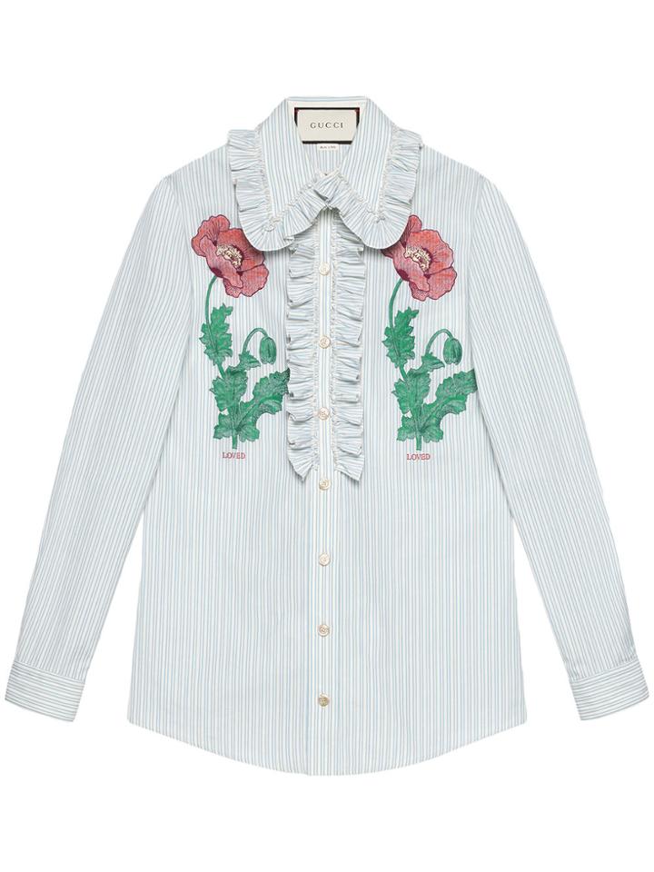 Gucci Embroidered Striped Cotton Shirt - Blue