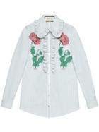 Gucci Embroidered Striped Cotton Shirt - Blue