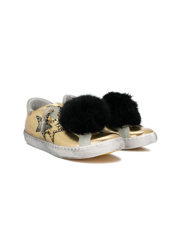2 Star Kids Pom Pom-embellished Distressed Sneakers - Metallic