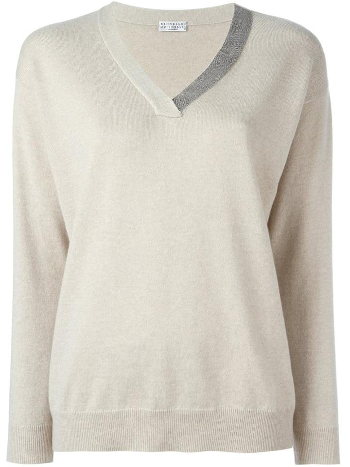 Brunello Cucinelli Metallic V-neck Pullover, Women's, Size: Xxl, Nude/neutrals, Cashmere/brass