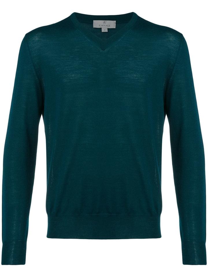 Canali Fine Knit V-neck Sweater - Green