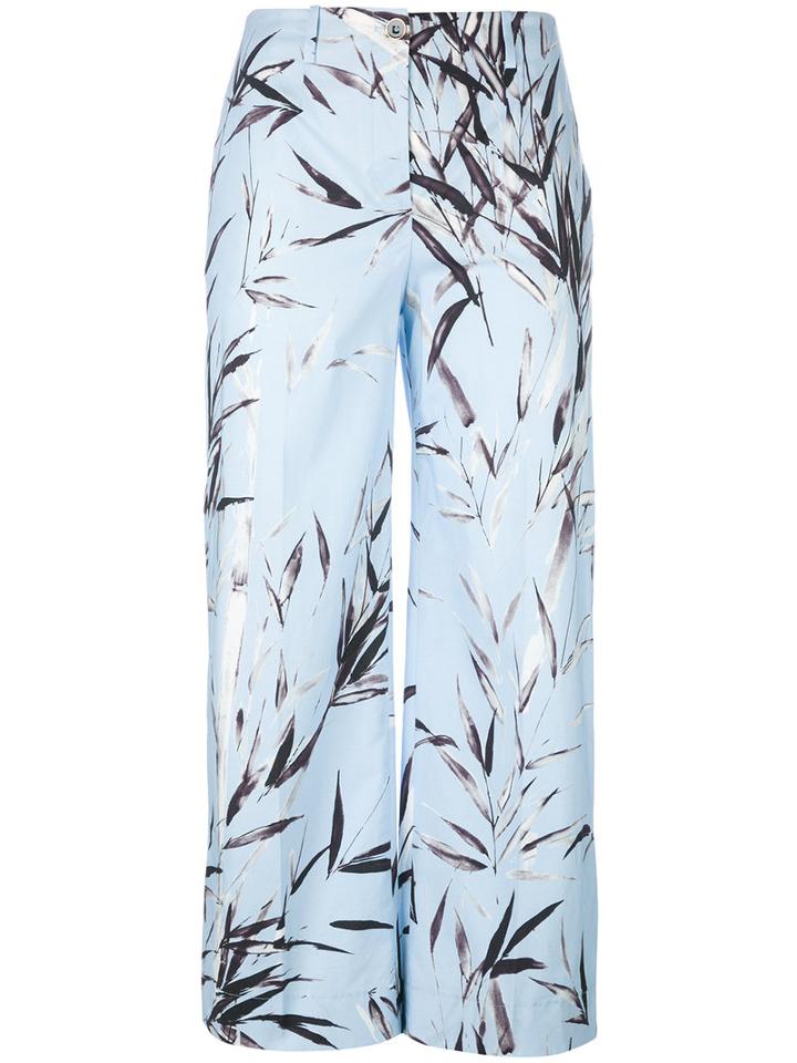 Blumarine Leaves Print Cropped Pants, Women's, Size: 44, Blue, Cotton/spandex/elastane