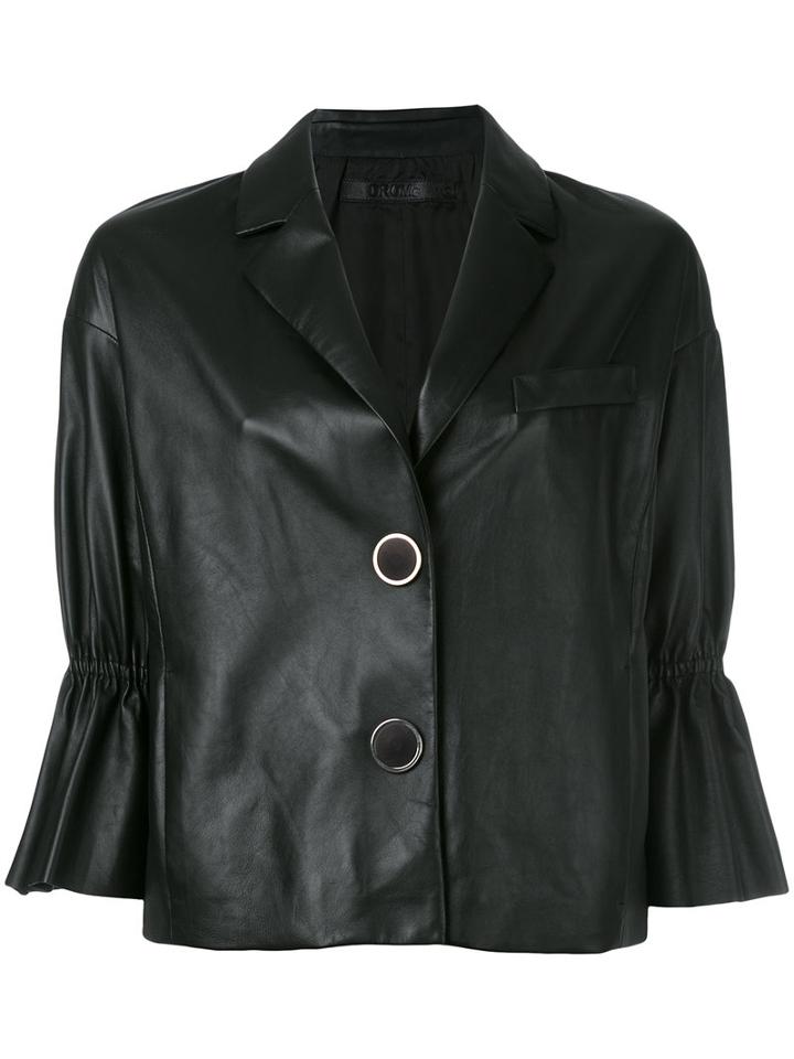 Drome Ruffle Sleeve Cropped Jacket, Women's, Size: Medium, Black, Leather/acetate/cupro