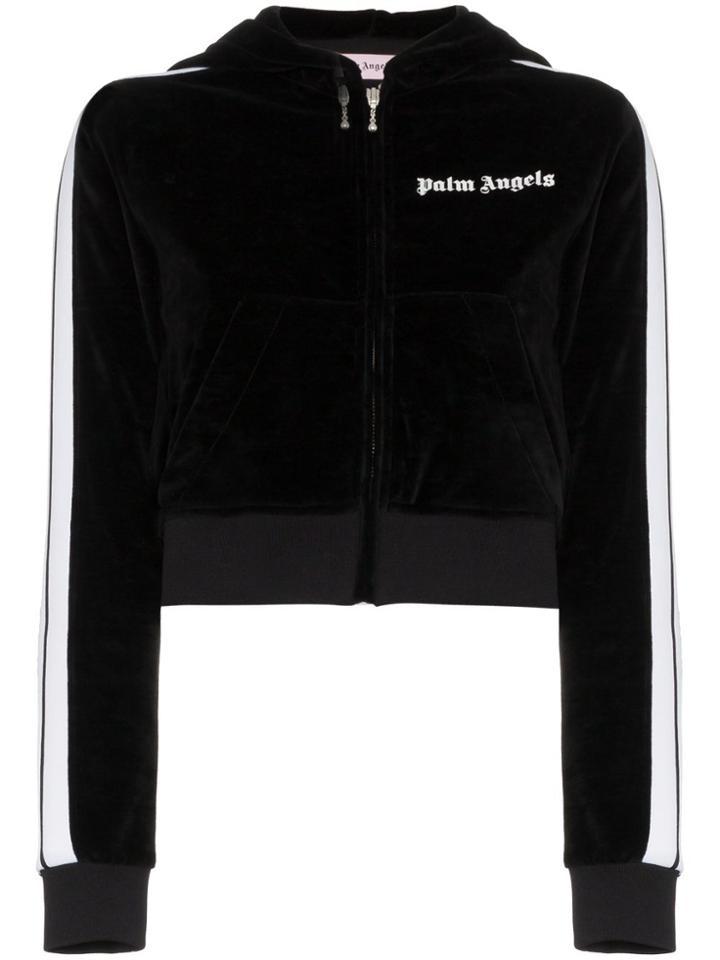 Palm Angels Logo Print Velvet Cotton Blend Cropped Zip Hoodie - Black