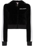 Palm Angels Logo Print Velvet Cotton Blend Cropped Zip Hoodie - Black