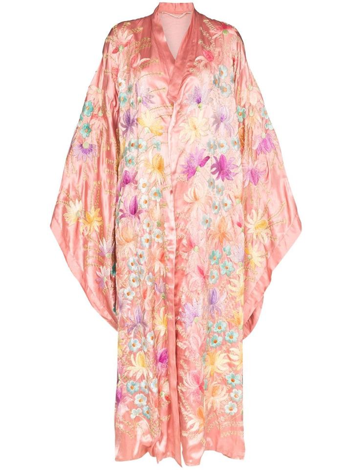 One Vintage Floral-embroidered Satin Kimono - Pink