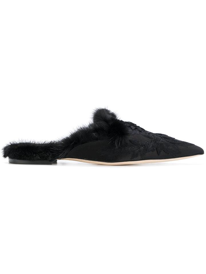 Alberta Ferretti Faux Fur Trim And Floral Embroidered Slippers - Black
