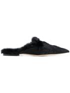 Alberta Ferretti Faux Fur Trim And Floral Embroidered Slippers - Black
