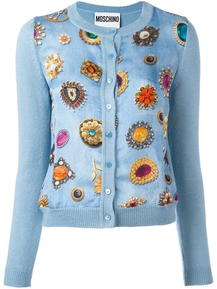 Moschino Jewel Print Cardigan, Women's, Size: 48, Blue, Silk/rayon/alpaca
