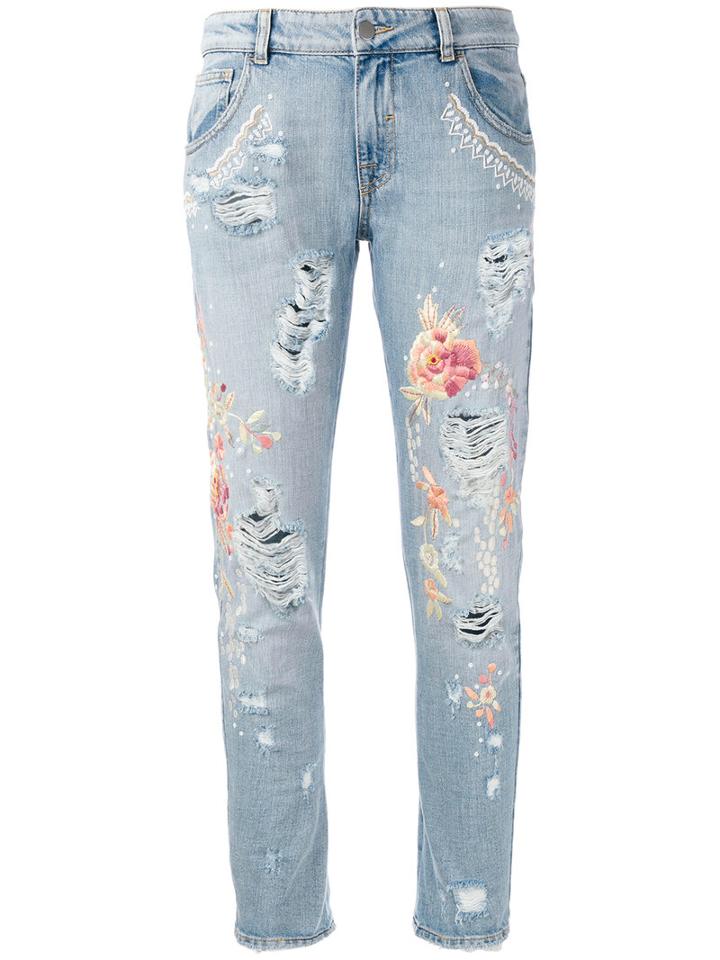 Amen Floral Embroidery Jeans, Women's, Size: 40, Blue, Cotton