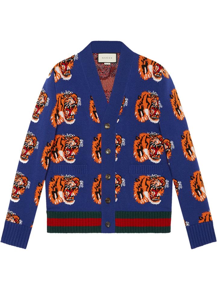 Gucci Tiger Jacquard Wool Cardigan - Blue