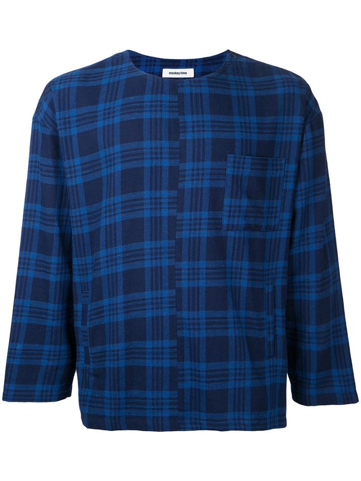 Monkey Time - Plaid Chest Pocket T-shirt - Men - Cotton - S, Blue, Cotton