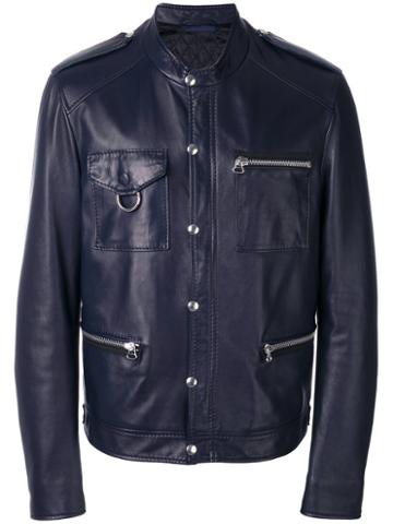 Lanvin Press Stud Leather Jacket, Men's, Size: 52, Blue, Lamb Skin/viscose/cotton/polyester