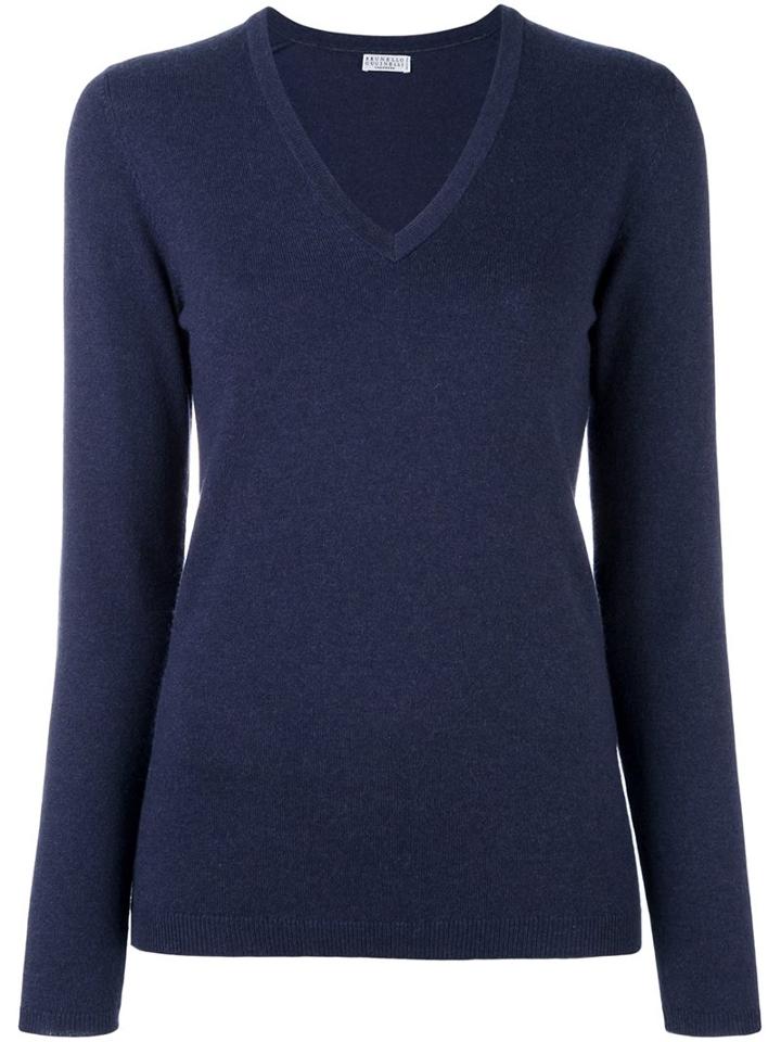 Brunello Cucinelli V-neck Jumper, Women's, Size: Large, Blue, Cashmere