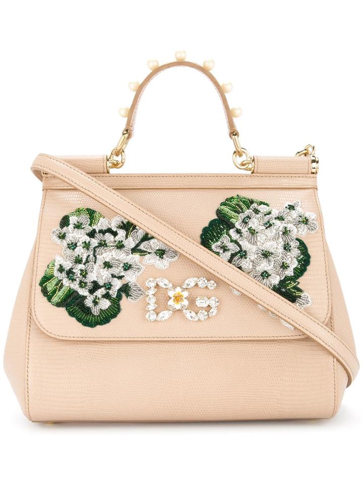 Dolce & Gabbana White Geranium Embroidered Sicily Bag - Pink & Purple