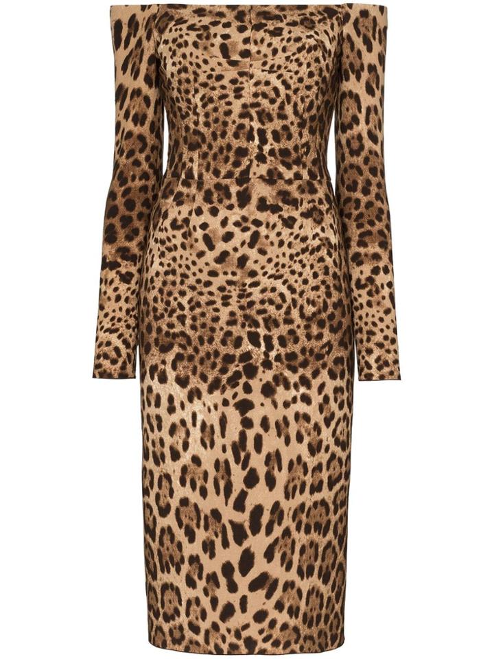 Dolce & Gabbana Off-the-shoulder Leopard Print Midi Dress - Brown