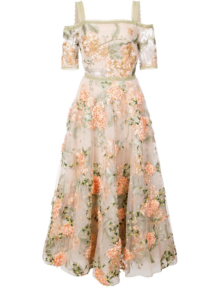 Marchesa Notte Floral-embroidered Off-the-shoulder Dress - Nude &