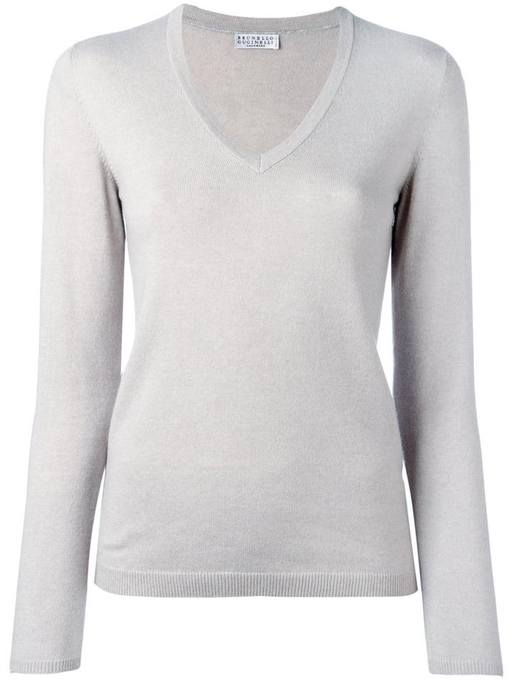 Brunello Cucinelli V Neck Jumper, Women's, Size: Xl, Grey, Cashmere