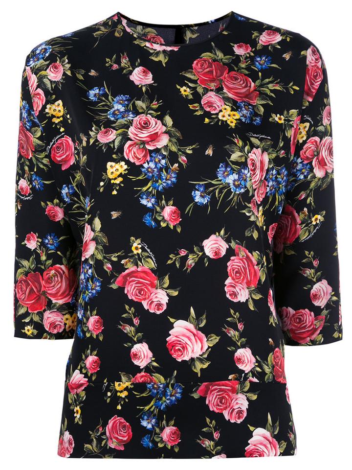 Dolce & Gabbana Floral Three Quarter Sleeve Top, Women's, Size: 38, Black, Silk/spandex/elastane