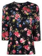 Dolce & Gabbana Floral Three Quarter Sleeve Top, Women's, Size: 38, Black, Silk/spandex/elastane