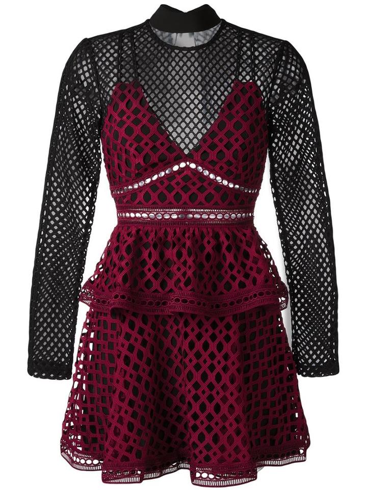 Self-portrait Cut-off Detailing Ruffled Dress, Women's, Size: 10, Red, Polyester/spandex/elastane