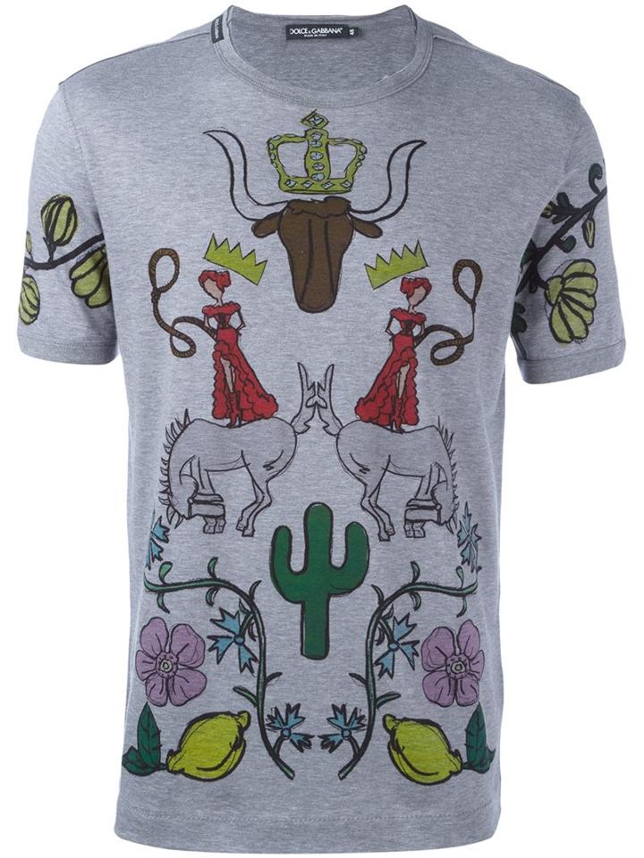 Dolce & Gabbana Western Print T-shirt, Men's, Size: 46, Grey, Cotton