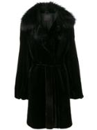 Liska Belted Fur Timmed Coat - Black