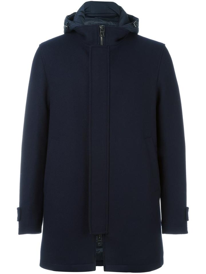 Herno Zipped Hooded Coat, Men's, Size: 50, Blue, Feather Down/polyamide/wool