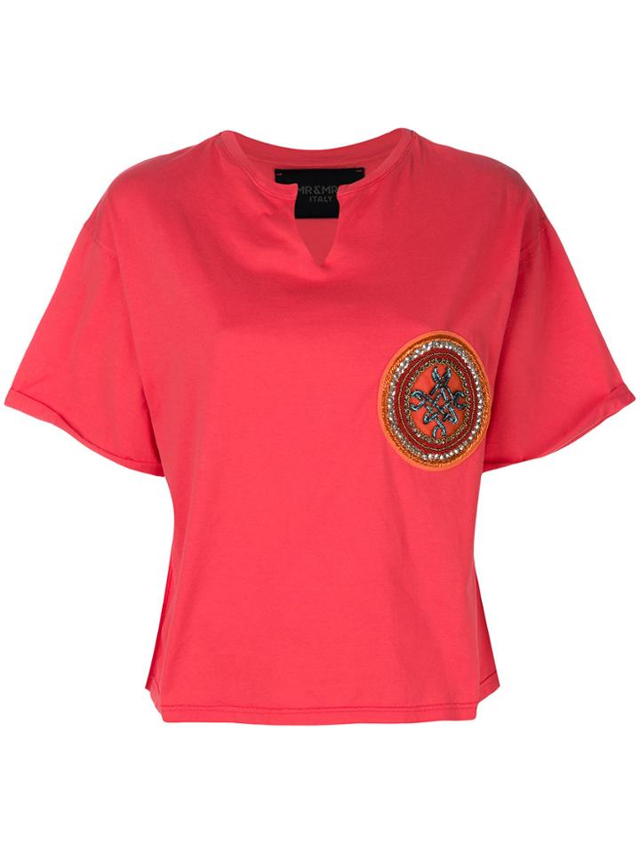 Mr & Mrs Italy Neck Slit Patched T-shirt - Pink & Purple
