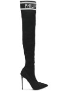 Philipp Plein Logo Jacquard Over The Knee Boots - Black