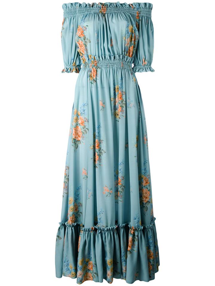 Alexander Mcqueen - Off The Shoulder Smocked Dress - Women - Silk - 40, Blue, Silk