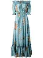 Alexander Mcqueen - Off The Shoulder Smocked Dress - Women - Silk - 40, Blue, Silk
