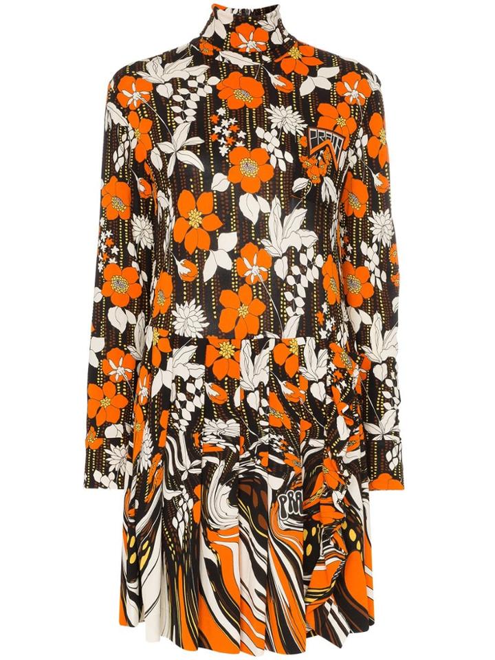 Prada Floral Print Turtleneck Mini Dress - Orange