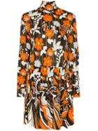 Prada Floral Print Turtleneck Mini Dress - Orange