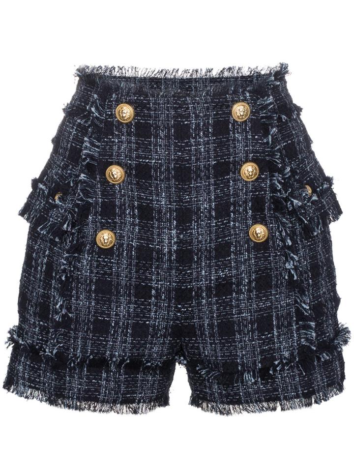 Balmain Tweed High Waisted Shorts - Blue