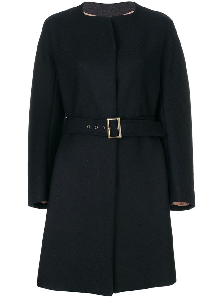 Jil Sander Navy Belted Collarless Coat - Blue