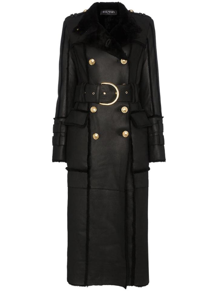 Balmain Shearling-trimmed Belted Leather Coat - Black