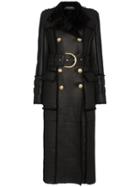 Balmain Shearling-trimmed Belted Leather Coat - Black