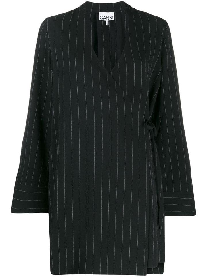 Ganni Pinstriped Wrap Dress - Black
