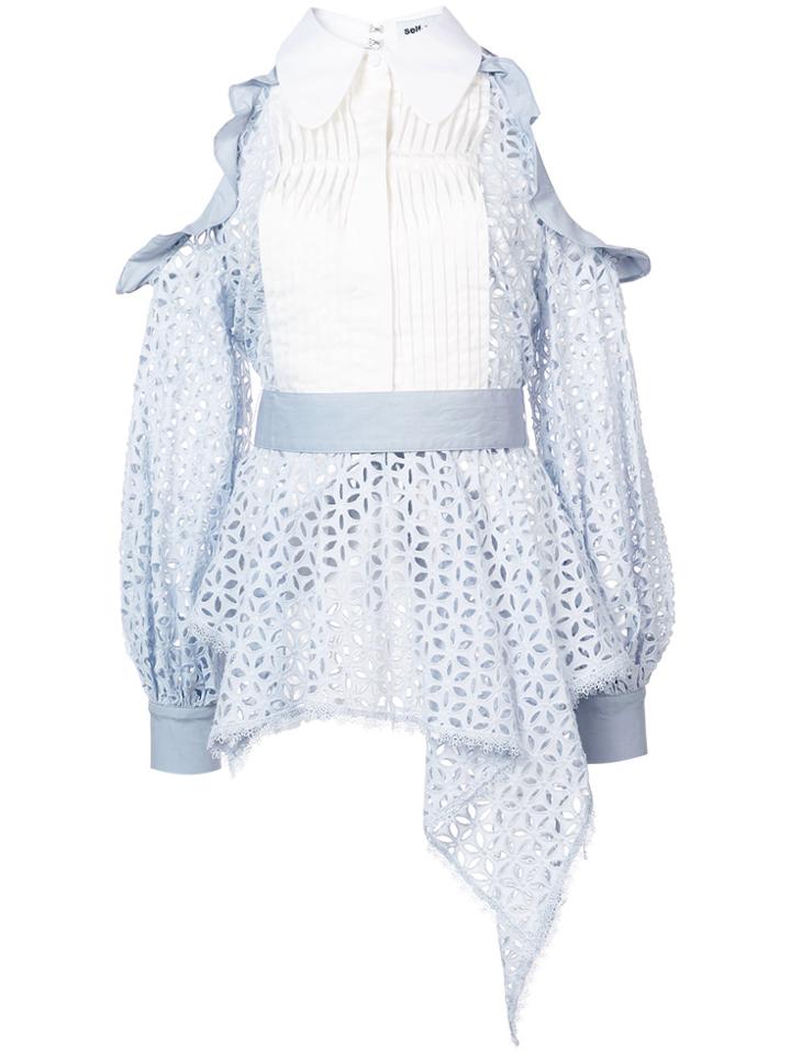 Self-portrait Cold Shoulder Broderie Anglaise Top - Blue
