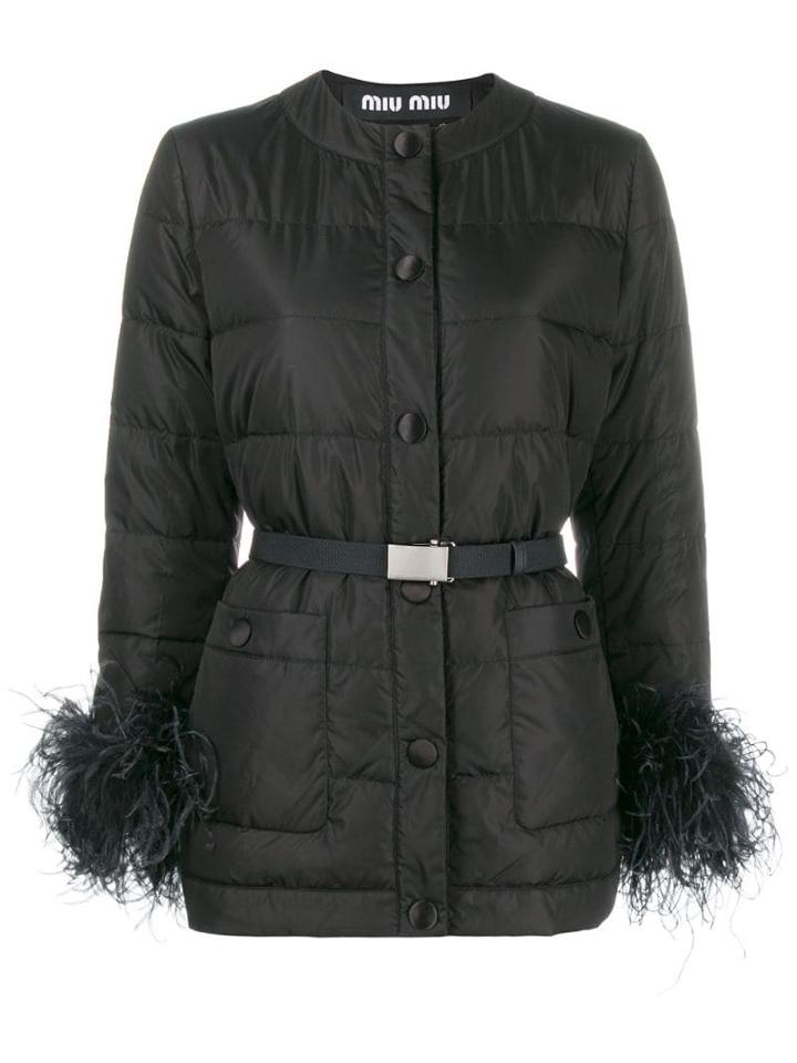 Miu Miu Ostrich Feather Trimmed Puffer Jacket - Black