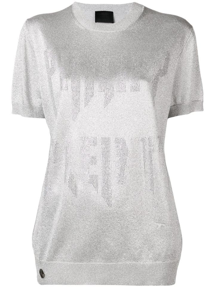 Philipp Plein Logo Embellished Knitted Top - Silver