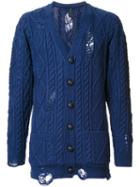 Miharayasuhiro Distressed Aran Knit Cardigan, Men's, Size: 48, Blue, Acrylic/wool