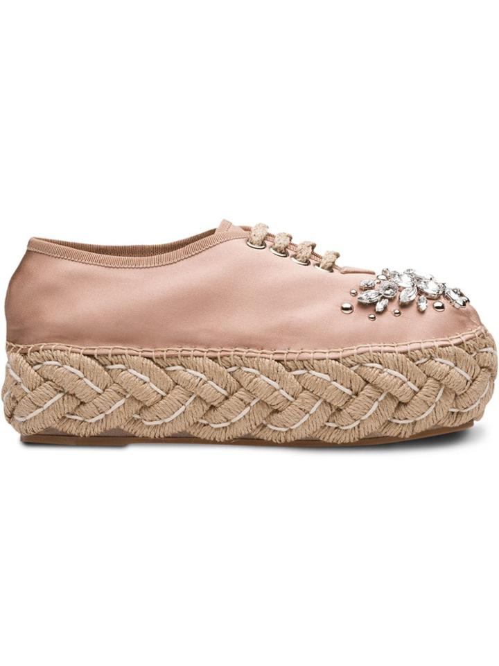 Miu Miu Crystal Embellished Platform Espadrilles - Nude & Neutrals